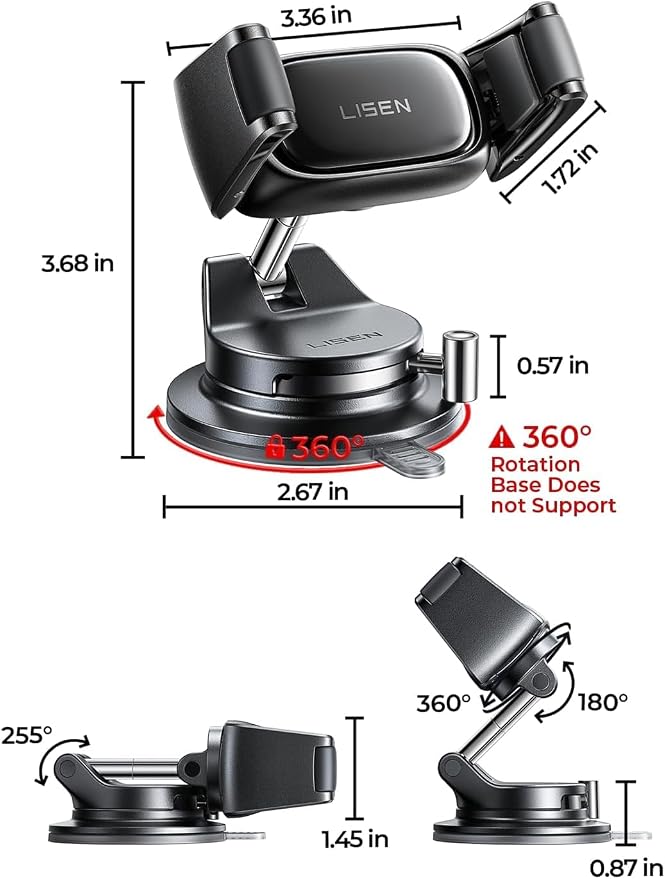 LISEN Suction Phone Mount for Car, [Ultra Suction & 95% Cases Friendly] Car Phone Holder Mount Vacuum Dashboard Phone Holder, Car Cell Phone Holder for iPhone 17 16 15 14 Pro Max Air Galaxy S26 S25