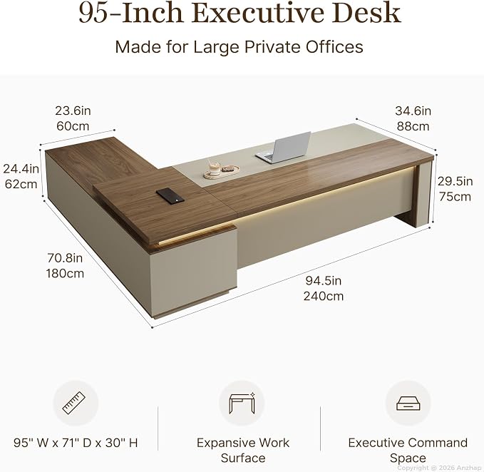 95" Reversible L-Shaped Executive Desk with Drawers – Luxury Office Desk with Open Shelves, LED Lighting, Built-in Outlet & USB Ports for Home, Office, Corporate, School (Black Walnut & Khaki)
