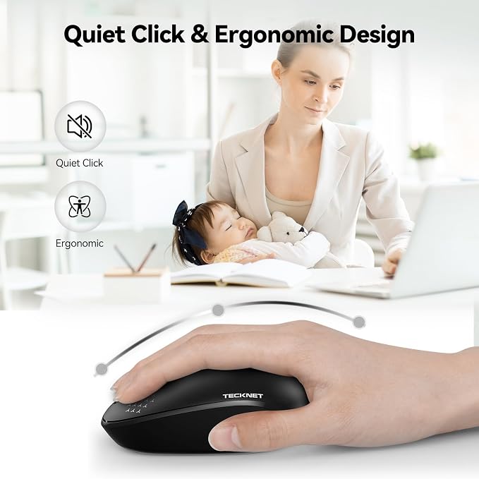TECKNET Compact Ambidextrous Wireless Mouse for Laptop Black | 2.4G Quiet Computer Mouse with USB Receiver, 3 Adjustable DPI Portable Cordless Mice for Chromebook, Laptop, PC, Mac