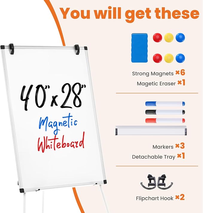 OLIXIS 40" x 28" Magnetic White Board with Stand, Standing Dry Erase Board, Whiteboard with 1 Dry Eraser & 2 Multicolor Markers & 4 Magnetic Pins, Aluminium Frame for Home, School, Office, White