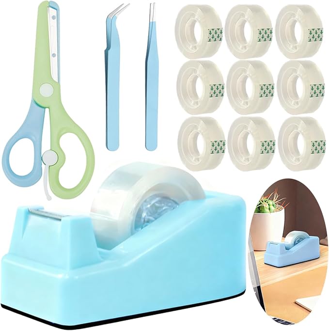 Desktop Tape Dispenser Kits with Weighted Nonskid Base Tape Dispenser- Includes 9 Rolls of Transparent Tape(0.71 Inch x 500 inches Each) & Blue Scissors, 2 Pcs Tweezers (Lake Blue)