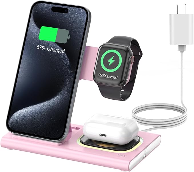 3 in 1 Foldable Wireless Fast Charging Station for Apple Multiple Devices | iPhone Charging Station for iPhone 17, Travel iWatch Charger Stand, Light Nightstand Charging Dock for Apple Watch/Airpods