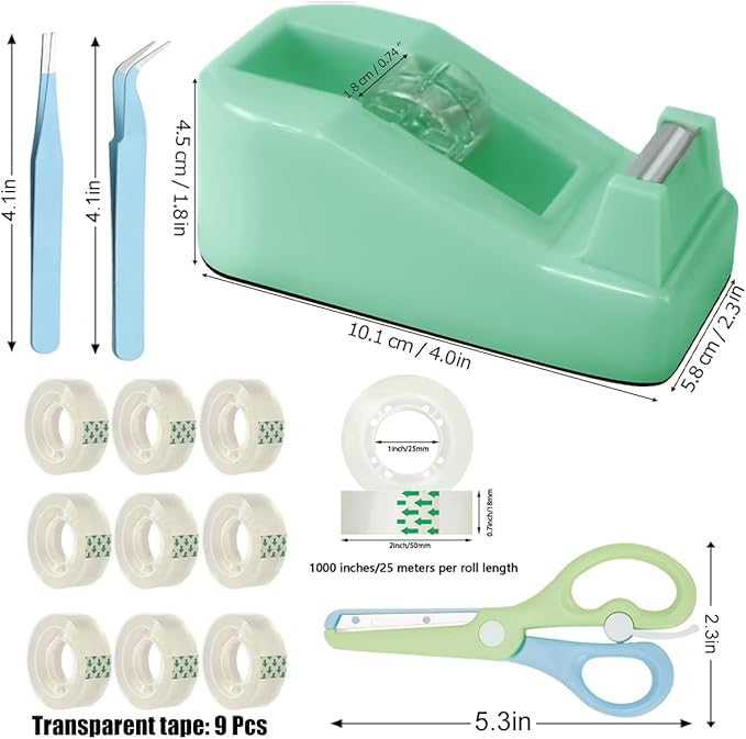 Desktop Tape Dispenser Kits with Weighted Nonskid Base Tape Dispenser- Includes 9 Rolls of Transparent Tape(0.71 Inch x 500 inches Each) & Blue Scissors, 2 Pcs Tweezers (Green)