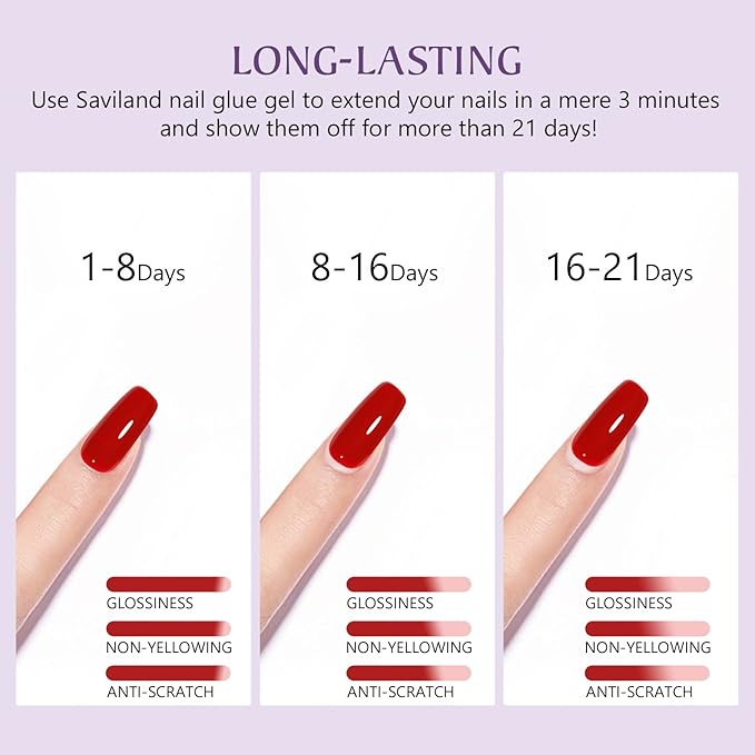 SAVILAND 4-in-1 Nail Gel Set, 2 pcs 15 ML Upgraded Nail Glue for Fake & Press on Nails, Gel Base Strengthen and Nail Repair Treatment, Replacement for Glue.