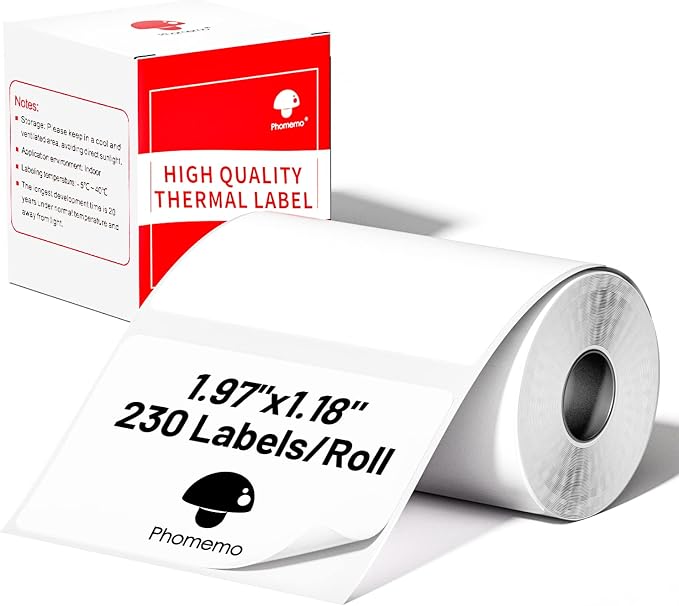 Phomemo Thermal Labels, 1.97"x 1.18", for M110/M100/M220/M108, 230 PCS | Square 50 x 30mm Name Thermal Stickers for Kids/School, 1 Roll, for Barcode/Address/Organization/Logo/Business/Home, White