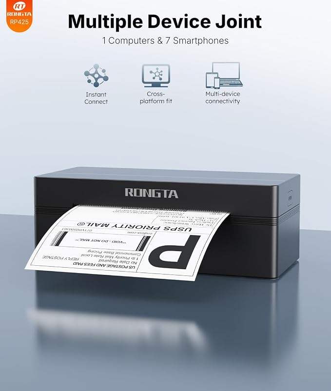 Rongta Shipping Thermal Label Printer, Bluetooth 4x6 Sticker Label Maker Wireless Shipping Label Printer for Package Small Business Compatible with Windows macOS Android iOS (Black)