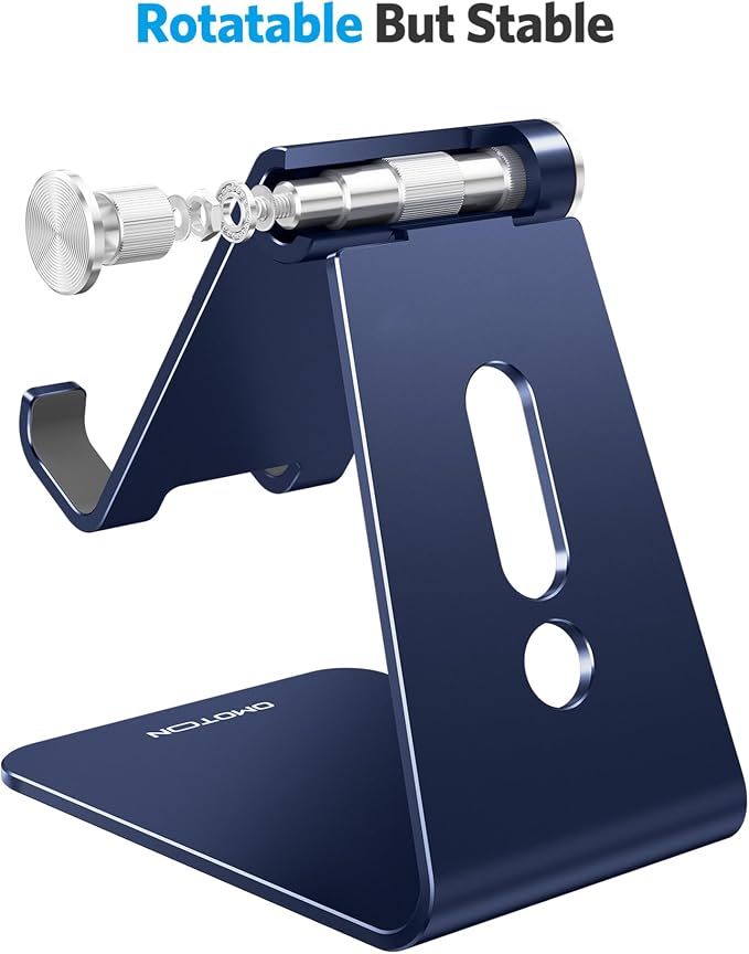 OMOTON C2 Adjustable Cell Phone Stand with Charging Cutout, Navy Blue | Sturdy 3mm Aluminum, Charging Port, 270° Adjustable, Non-Slip Silicone Pads, Works with Thick Cases, for All Smartphones