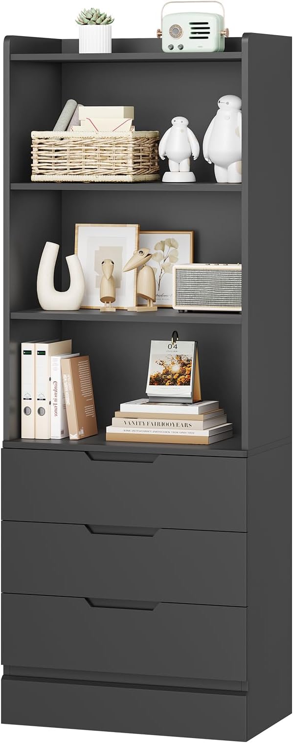 DICTAC Bookcase with 3 Drawers and Shelves 73.23'' Tall Bookshelf with Storage Modern Wood Closet Drawers System,Closet Organizer Unit Freestanding Tall Storage Cabinet for Home Office,Bathroom,Black