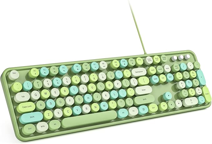Computer Keyboard Wired, Plug and Play USB Retro Round Typewriter Keyboard, Full Size Wired Keyboard with Foldable Stands for Laptop and Office PC