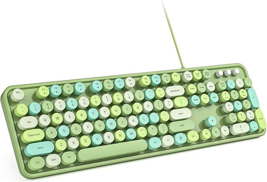 Computer Keyboard Wired, Plug and Play USB Retro Round Typewriter Keyboard, Full Size Wired Keyboard with Foldable Stands for Laptop and Office PC