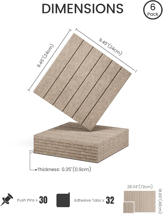 28" x 18" Felt Bulletin Board Tiles, Fine Stripe, Taupe | 6-Pack Cork Board Alternative, 30 Adhesive Tabs, Push Pin Board, Wall Decor, Office, Home, Classroom, Dorm