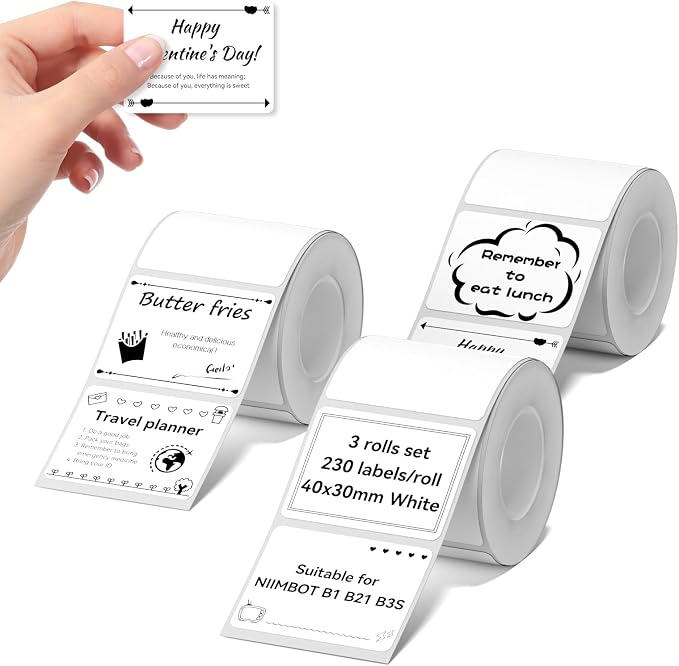 NIIMBOT Labels for B1/B2/B21/B31/B3S/K3 Sticker Printer, 40x30mm, White | 3 Rolls Set, 1.57'' x 1.18'', 230 Labels/Roll, Refill Labeling Tape for Home School Office Small Business