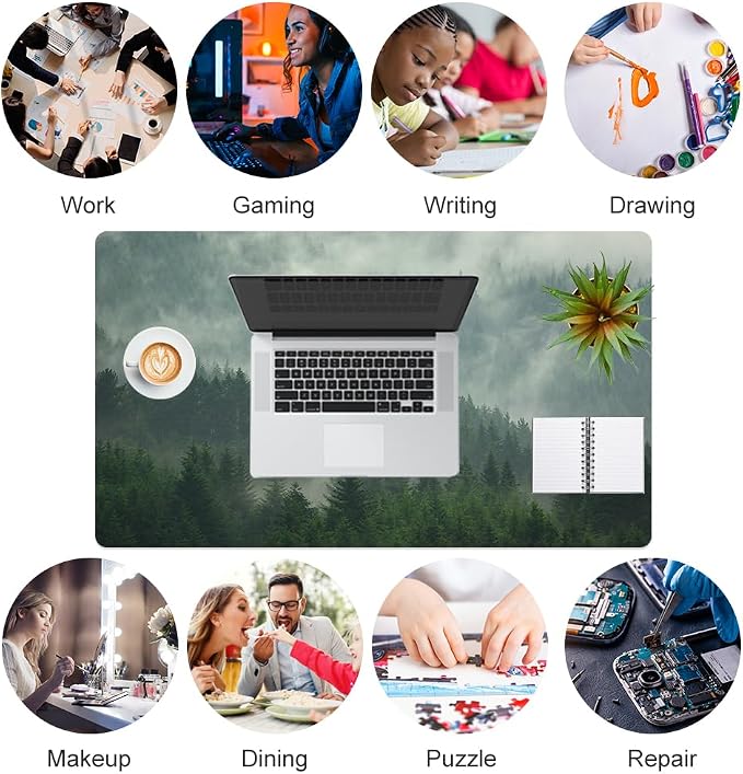 Colorful Star Large Mouse Pad, PU Leather Waterproof Desk Mat, Computer Gaming Mouse Pad, XXL Full Desk Mousepad Non Slip Desk Pad for School Office Home 23.6" x 13.8" - Foggy Forest Valley