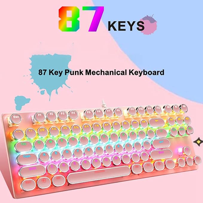 Mechanical Gaming Pink Keyboard,87 Key Retro Punk Typewriter-Style,Blue Switch RGB Backlit Keyboard,Anti-Ghosting, USB Wired, for PC Laptop Desktop Computer, for Game and Office