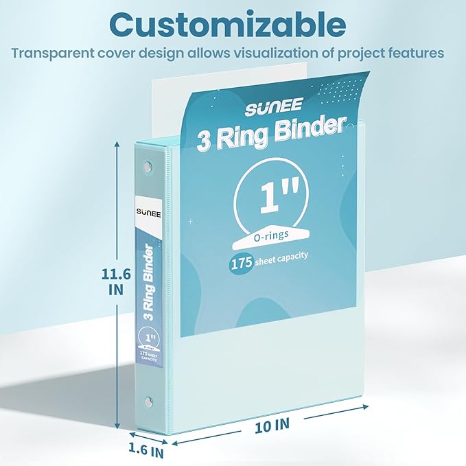 SUNEE 3 Ring Binder 1 Inch 4 Pack, Clear View 1" Binders Three Ring PVC-Free (Fit 8.5x11 Inches) for School or Office Supplies, Blue
