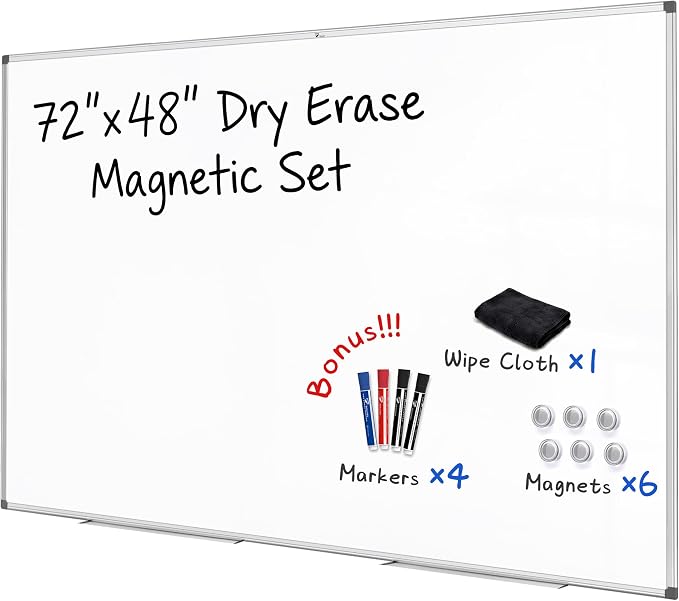 TOWON Magnetic Dry Erase Board 72x48 in, Aluminum Frame, Silver Border | Presentation white board wall mounted with markers, pen tray, magnets and cleaning wipe for office