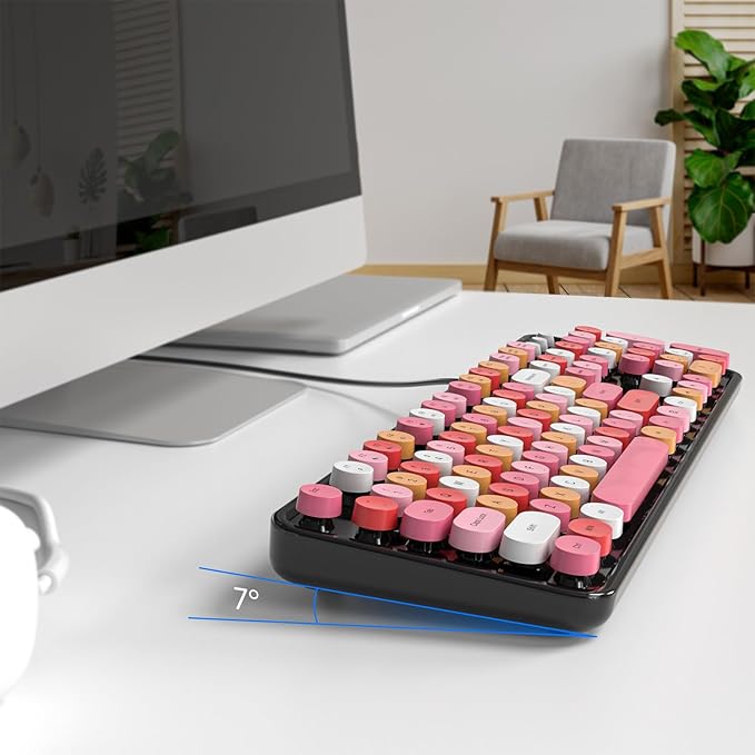 Computer Keyboard Wired, Plug and Play USB Retro Round Typewriter Keyboard, Full Size Wired Keyboard with Foldable Stands for Laptop and Office PC