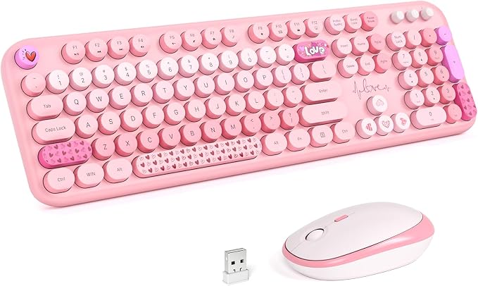 KNOWSQT Wireless Keyboard and Mouse Combo - Lovely Pink Rainbow 2.4G Full-Sized Colorful Keyboards, Round Keycap USB Dongle Plug Play Cute Keyboards for Windows, Laptop, PC, Desktop, Mac