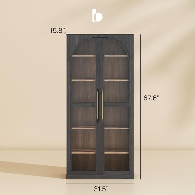 BELLEZE 67" Storage Cabinet Set of 2, 6 Shelf Glass Bookshelf Display Cabinet, Modern Wood Wine Curio Cabinets with 4 Adjustable Shelves, Trophy Display Case for Living Room, Wine, Ebony