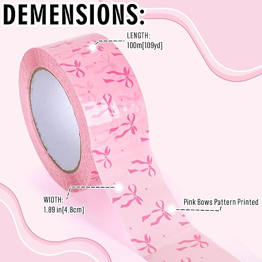 Whaline 109 Yard Pink Bow Packing Tape Pretty Bow Decorative Gift Wrapping Tape Waterproof Shipping Tape for Small Business DIY Crafts Box Carton Decor