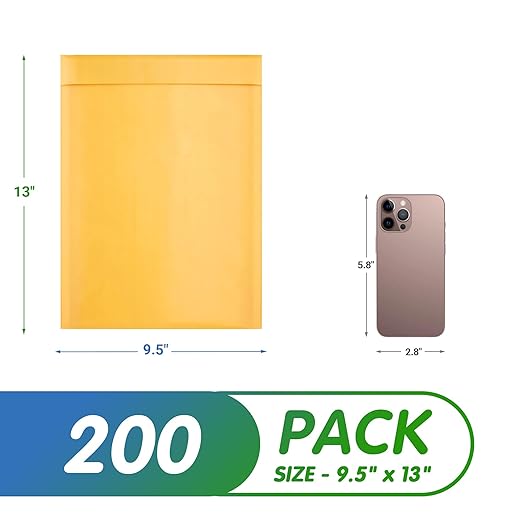 Kraft Bubble Mailers 9.5 x 13 Inch Yellow, Padded Envelopes Self Seal, Pack of 200, Bubble Lined Kraft Paper Mailing Envelopes for Shipping