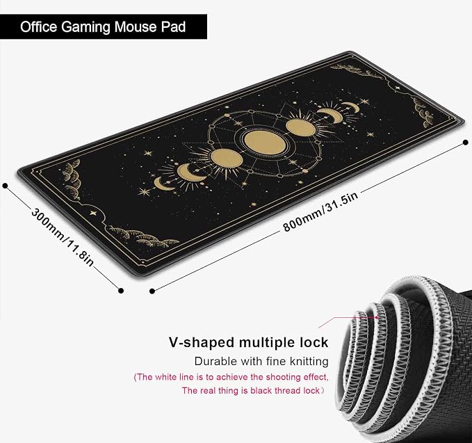 Moon Phases Large Gaming Mouse Pad, Celestial Cycle Lunar Chart Black and Gold Desk Pad, Stars in Space Horoscope Desk Mat, Mystical Astronomy Mousepad for Gamer Home&Office, 31.5x11.8 in