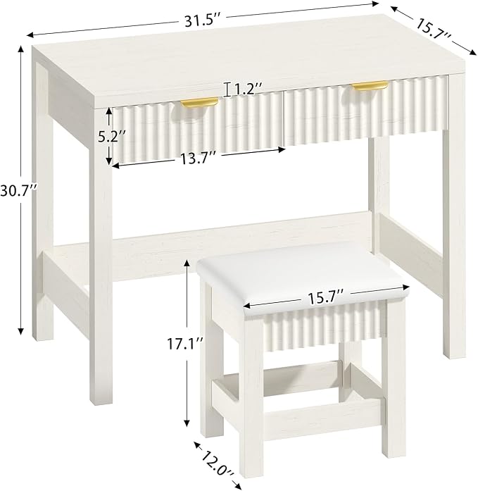 32 Inch Small Fluted Computer Desk with 2 Drawers & Stool for Bedroom | Vanity Desk with Stool, White Computer Desk with Storage, Compact Writing Study Table for Small Spaces