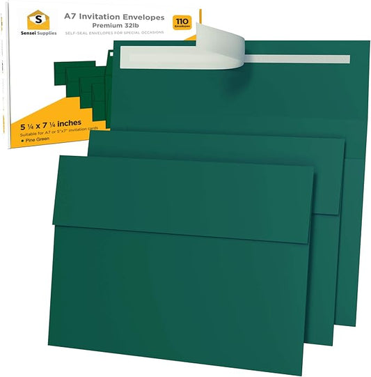 110 5x7 Pine Green Invitation Envelopes - for 5x7 Cards - A7 - (5 ¼ x 7 ¼ inches) - Perfect for Weddings, Graduation, Baby Shower - 120 GSM - Peel, Press & Self Seal - Square Flap