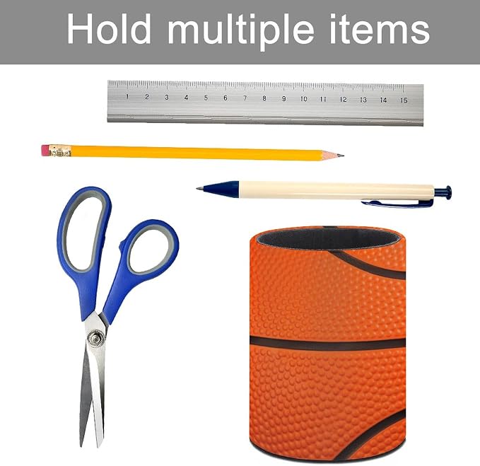 Basketball Texture Pen Holder Pencil Cup for Desk Organizer | Cute Makeup Brush Holder PU Multifunctional Office Suppliesfor Decor Home Classroom School