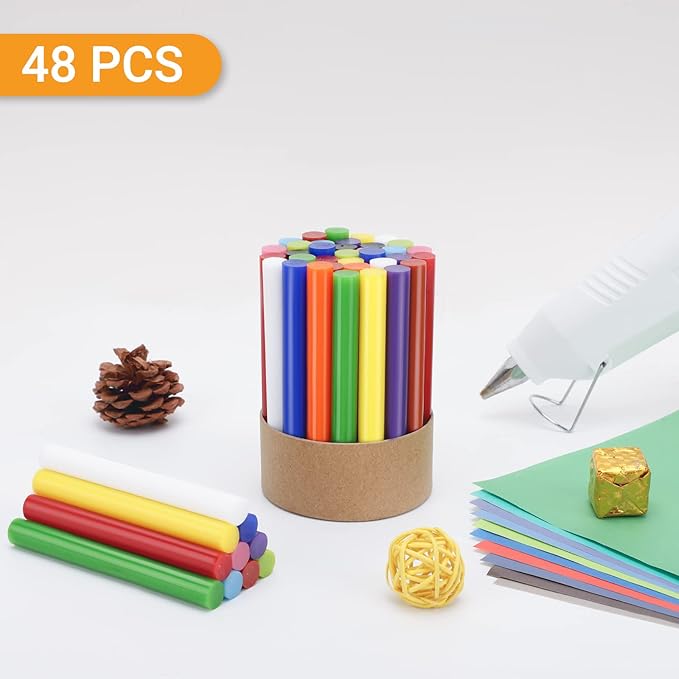 Manarty Colored Hot Glue Sticks Full Size, 48 PCS 0.43" Dia x 4" Long Hot Melt Glue Sticks, 12 Colorful EVA Adhesive Purpose Glue Stick Standard for DIY Art Craft Stamp Repairs Gluing Projects