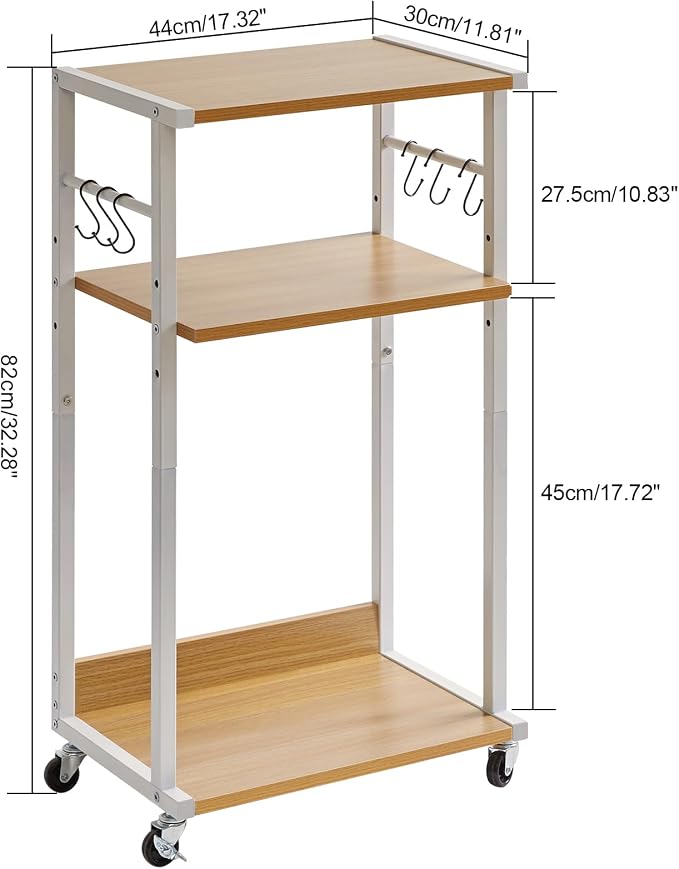 YMYNY 3-Tier Mobile Printer Stand 32.28 * 17.32 * 11.81" Natural HPT002N | Printer Cart with Adjustable Storage Shelf & 6 S-Hooks Tall Printer Table for Home Office,for Computer Tower Stand,Shredder