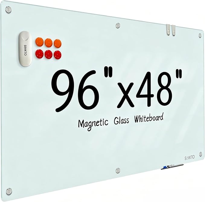 Glass Whiteboard - Glass Dry Erase Board 48" x 96" Magnetic White Board Glass Writing Board White Boards for Walls Wall Office Home