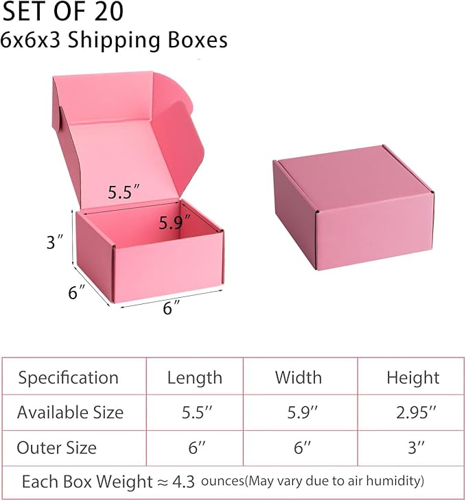 Small Shipping Boxes 6x6x3 Inches – Pink Corrugated Cardboard Boxes (20-Pack) for Mailing, Packing, Small Business & Gift Packaging - Recyclable & Sturdy
