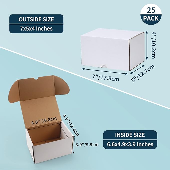 WIFTREY 7x5x4 White Shipping Boxes 25 Pack for Small Business, Small Corrugated Cardboard Boxes for Mailing, Packing, Shipping