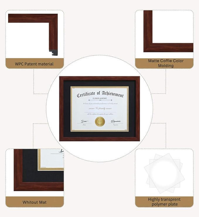 ELSKER&HOME 8.5x11 Certificate Frame - Classic Coffee Color Frame - Displays Diploma 8.5x11 Inch with Mat - 11x14 Inch Without Mat - For Document/Photo (2 Pack, Matte Black with Gold Rim)