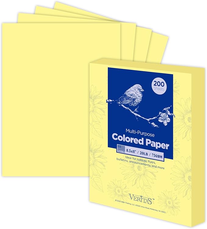 Yellow Paper, Multi-Purpose Colored Paper, Colored Printer Paper 8.5” x 11”, 20 lb/75 GSM,200 Sheets, Jam-Free For Inkjet/laser printer, Copy, Office Home, Made in USA