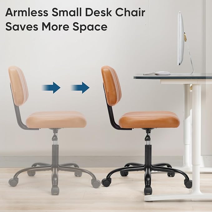 DUMOS Small Desk Chair, Home Office Chair, Lumbar Support | PU Leather, Low Back, 360 Swivel Wheels, Height Adjustable, Armless Computer Task, Brown
