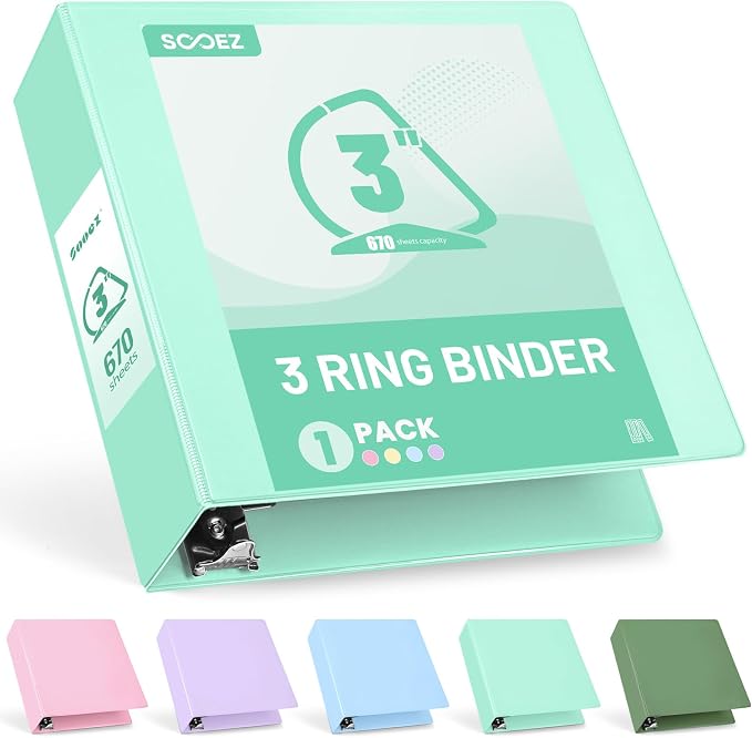Sooez 3 Ring Binder 3 Inch, Large Binder with Pocket, Light Green, 8.5"x11" | Holds 670-Sheet of Letter Paper, Extra Durable, PVC-Free, Clear View Cover, Interior Pockets, Eco-Friendly, School, Office