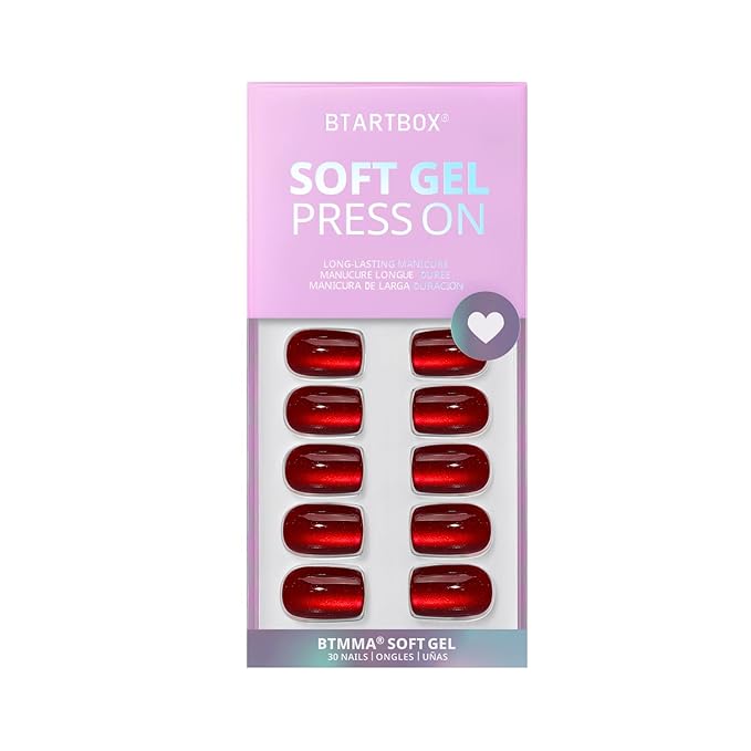 BTArtbox Press On Nails Red - Cat Eye Press On Nails Square for Gifts,Cherry Short Stick On Nails with Glue, Glossy Reusable Nail Tips in 16 Sizes - 32 Soft Gel Fake Nails Kit, Hot Love