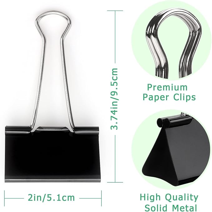 ZZTX 12 Pack Large Binder Clips 2.0 Inches Black | Paper Clamps Clips, Durable steel, Rust-resistant, Strong spring