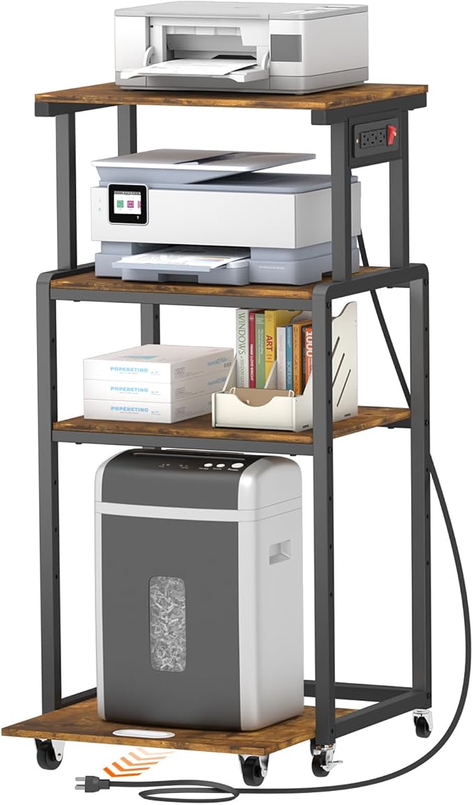 Lifewit 4 Tier Printer Stand with Power & Wheels, Office Cart, Rustic Brown | Rolling cart with wheels and adjustable shelf, for shredder scanner fax, home office storage, holds 340 lbs heavy duty
