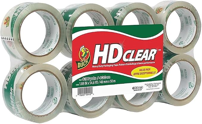 Duck Brand HD Clear Heavy Duty Packaging Tape; 1.88 Inches x 54.6 Yards, Clear, 8 Pack (282195)