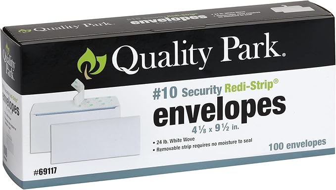Quality Park #10 Security Envelopes, No Window, Redi-Strip Self Seal Envelopes, 24-lb White Wove, 4-1/8" x 9-1/2", 100 per Box (QUA69117)