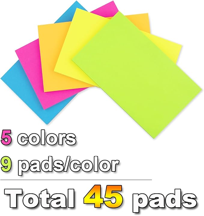 (45 Pads) Sticky Notes 3x5 in,Bright Notepads,Colorful Stickies,Super Sticking Power Memo Note Pads,Strong Adhesive,Post on Windows Doors,Office School,Recyclable,Easy to Write on,Hold Well