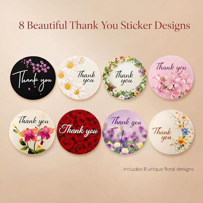 500 Thank You Stickers 1.5" Round Labels (8 Unique Designs) for Small Business, Packaging, Envelopes, Gift Bags, Bakery Orders Self-Adhesive Waterproof Sticker Roll