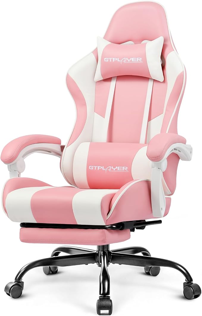 GTPLAYER Gaming Chair, Computer Chair with Footrest and Lumbar Support, Height Adjustable Game Chair with 360°-Swivel Seat and Headrest and for Office or Gaming (Faux Leather, Pink)