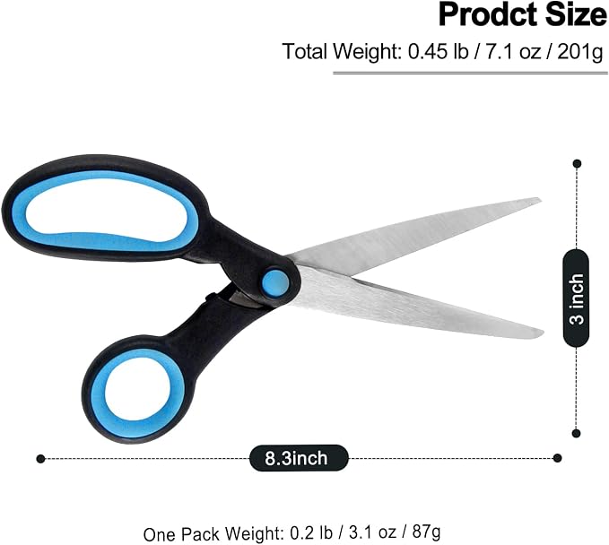 Left Handed Scissors for Adults, 8 Inch Lefty Scissors Bluk for big Kids Student, All Purpose Sharp Blades Shears Set(3 pcs), Great for Craft, Office, Sewing Fabric, Arts, School and Home, Black/Blue