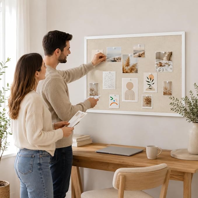 2-Pack 12"x16" White Framed Natural Wood Tone Bulletin Board, Pin Board | Linen corkboard texture. Premium cork boards for walls and pin board office organizer.