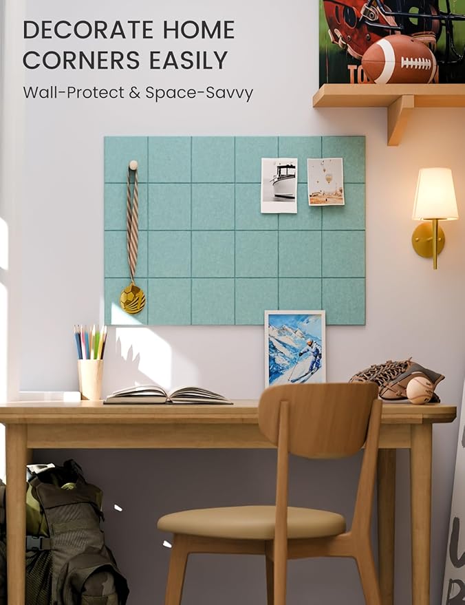 Fluxynara Felt Bulletin Board Tiles -28"x18" Cork Board Alternative for Office Decor, Push Pin Board Wall Organizer 6-Pack - Seafoam Blue