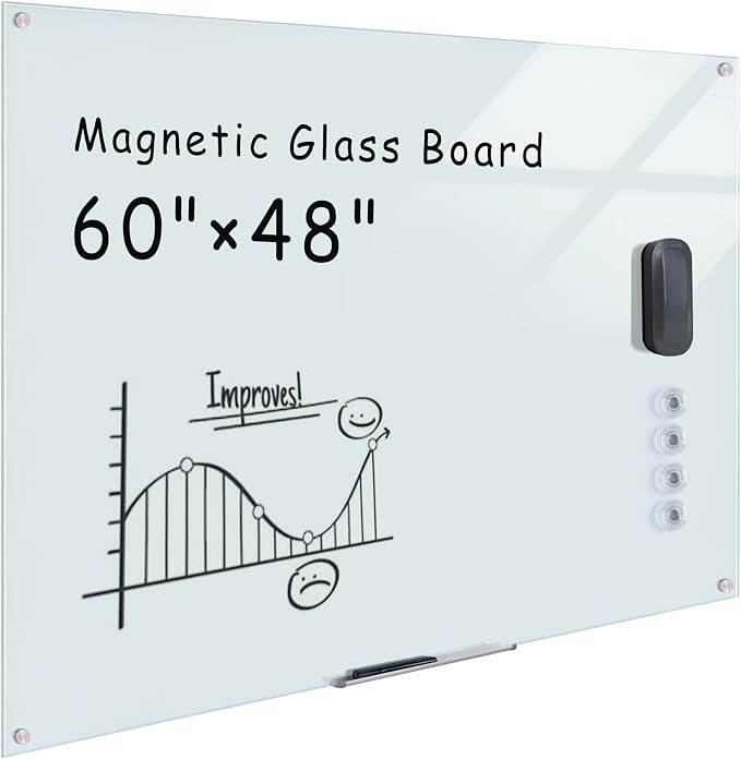 Mifuro Magnetic Glass Whiteboard，60"x48" Wall Mounted Frameless Dry Erase Board for Office, Home & School White